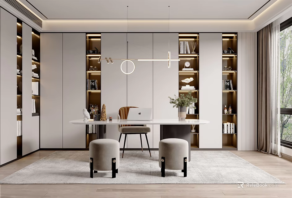 Modern Study Room Interior Design With Built in Bookshelves Wooden Desk And Hanging Lights 3d model 