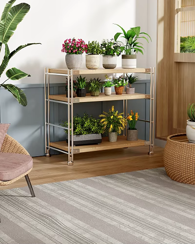 Multi Tier Metal Frame Wooden Shelf With Various Potted Plants In Home Interior 3d model