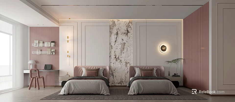 Modern Bedroom Interior With Two Beds Pink Headboards Marble Accent Wall And Round Wall Lamp 3d model 