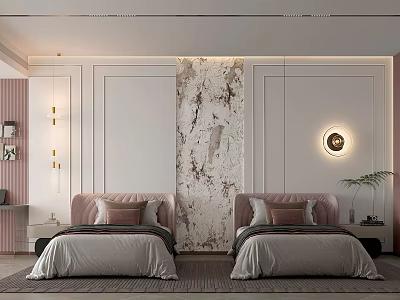 Modern Bedroom Interior With Two Beds Pink Headboards Marble Accent Wall And Round Wall Lamp 3d model