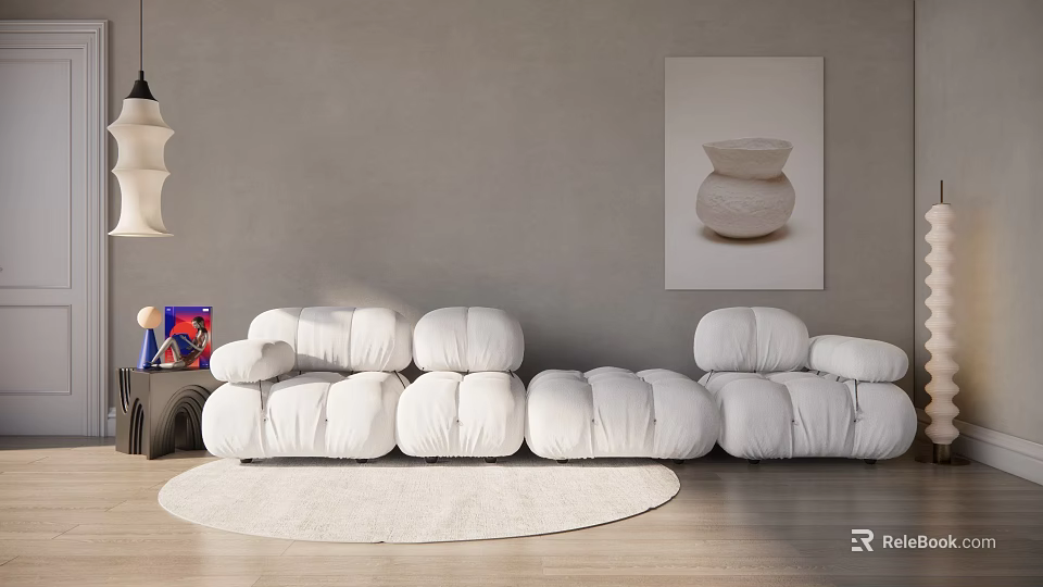 Modern White Sectional Sofa with Cozy Modular Design Floor Lamp Round Rug and Wall Art 3d model 