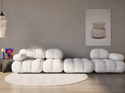 Modern White Sectional Sofa with Cozy Modular Design Floor Lamp Round Rug and Wall Art 3d model