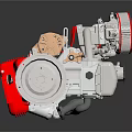 Detailed Red And Silver Engine 3D Model With Fan Pipes And Mechanical Components