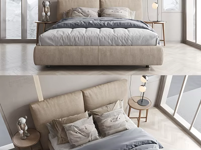 Modern Double Bed Bedroom Interior With Neutral Headboard Pillows Duvet And Nightstand Lamps 3d model