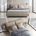 Modern Double Bed Bedroom Interior With Neutral Headboard Pillows Duvet And Nightstand Lamps