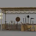 Outdoor Metal Frame Structure With Yellow Roof Lanterns Boxes And Ladder