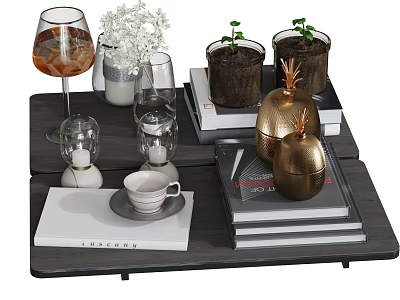 Decorative Ornament Set with Wine Glass White Flowers Small Potted Plants Golden Ornaments on Tray 3d model