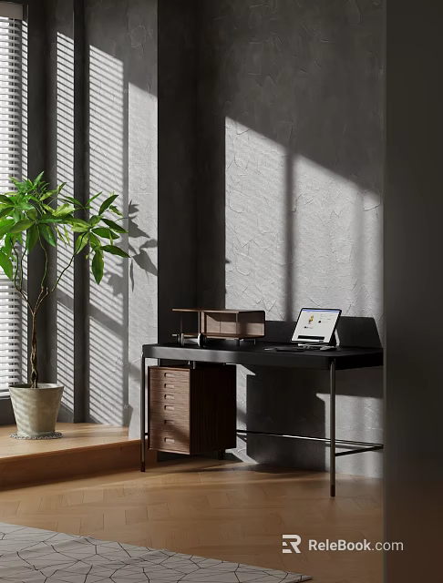 Modern Home Office Study Room With Wooden Desk Green Plant Laptop And Natural Light 3d model 
