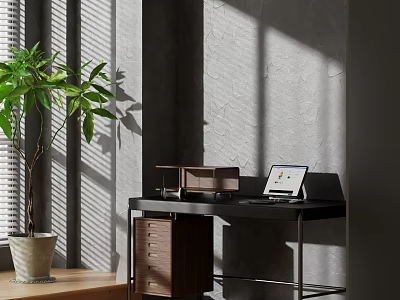 Modern Home Office Study Room With Wooden Desk Green Plant Laptop And Natural Light 3d model