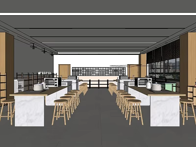 School Cafeteria With Long White Countertops Wooden Bar Stools And Large Windows 3d model