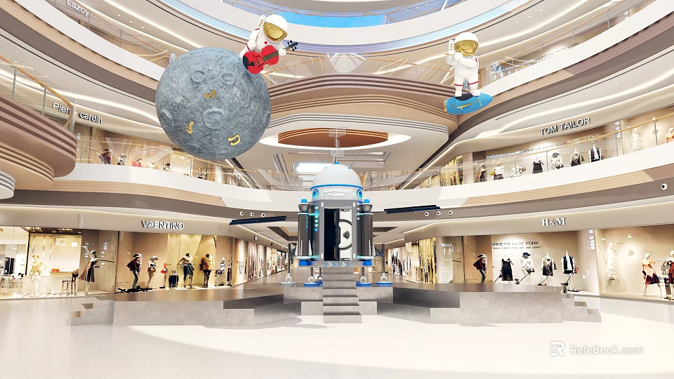 Shopping Mall Lobby With Giant Moon Model Astronaut Decorations Multi Level Design And People 3d model 