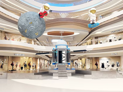 Shopping Mall Lobby With Giant Moon Model Astronaut Decorations Multi Level Design And People 3d model