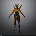 Futuristic Female Character In Orange Black Combat Suit With Green Headgear And Mechanical Wings