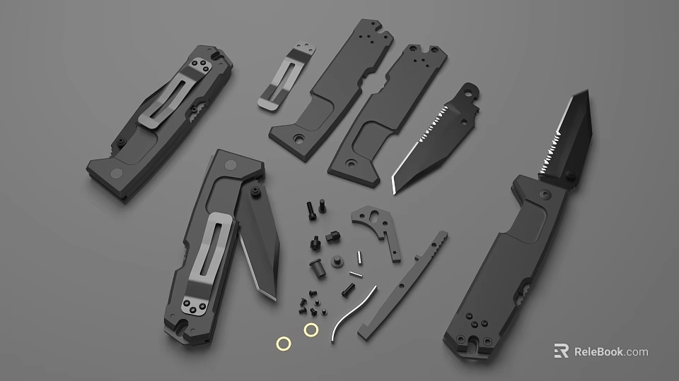 Disassembled Folding Knife Metal Components Including Blade Handle And Small Parts 3d model 