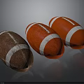 Three Brown And Red Footballs With White Stripes On Dark Background