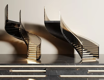 Elegant Black and Gold Spiral Staircase Model on Black Marble Countertop with Shadow Effect 3d model