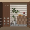 Wooden Folding Doors in Modern Interior Design with Louvered Blinds Potted Plant and Cat