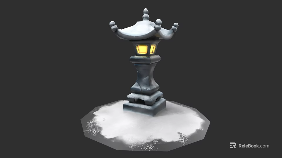 Japanese Stone Lantern With Pagoda Style Roof Snow Covered Base And Warm Yellow Light 3d model 