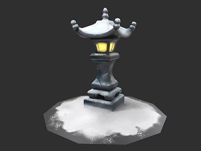 Japanese Stone Lantern With Pagoda Style Roof Snow Covered Base And Warm Yellow Light 3d model