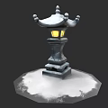 Japanese Stone Lantern With Pagoda Style Roof Snow Covered Base And Warm Yellow Light
