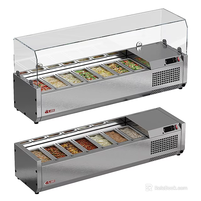 Two Units Stainless Steel Refrigerated Display Case Shelves With Transparent Glass Cover For Food 3d model 