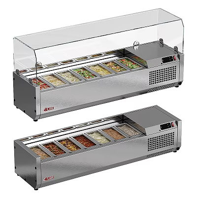 Two Units Stainless Steel Refrigerated Display Case Shelves With Transparent Glass Cover For Food 3d model