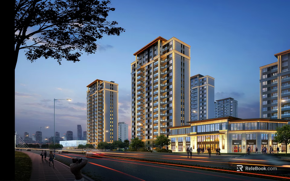 Modern High Rise Residential Building With Evening Lighting And Street Commercial Facilities 3d model 