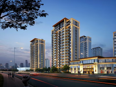 Modern High Rise Residential Building With Evening Lighting And Street Commercial Facilities 3d model