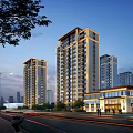 Modern High Rise Residential Building With Evening Lighting And Street Commercial Facilities