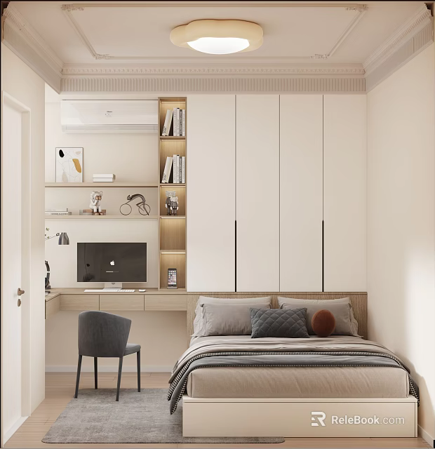 Modern Bedroom Interior Design With Light Colored Cabinets Bed Desk Chair And Bookshelf 3d model 