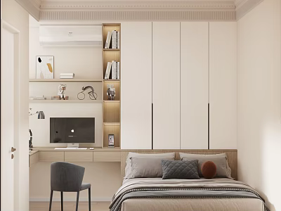 Modern Bedroom Interior Design With Light Colored Cabinets Bed Desk Chair And Bookshelf 3d model