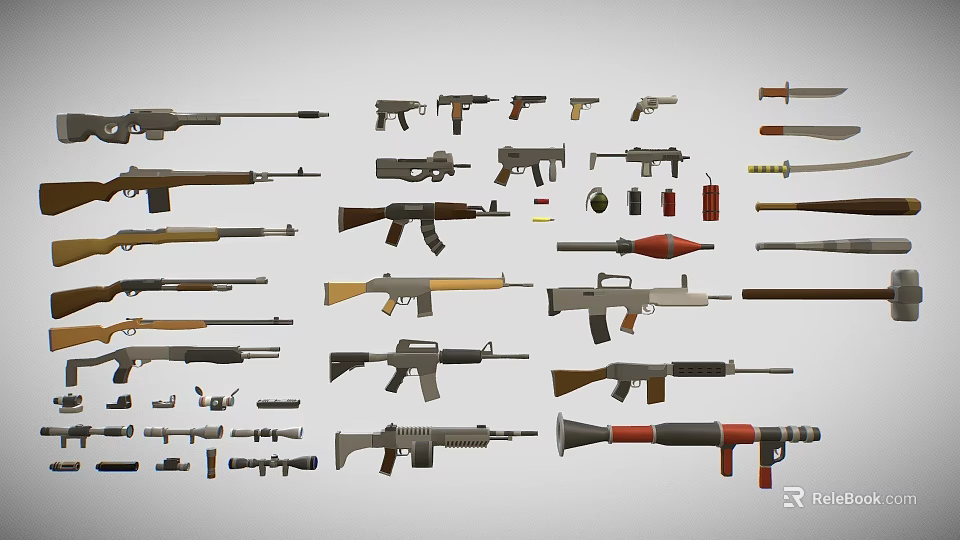 Various Types of Weapons Collection Featuring Rifles Pistols Knives and Explosives 3d model 