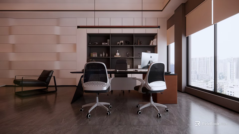 Spacious Modern Office Interior With Work Desk Ergonomic Chairs Bookshelf And Large Window 3d model 