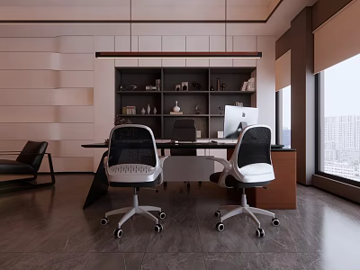 Spacious Modern Office Interior With Work Desk Ergonomic Chairs Bookshelf And Large Window 3d model