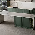 Modern Green Kitchen Interior With Marble Countertop Island Range Hood And Cabinets