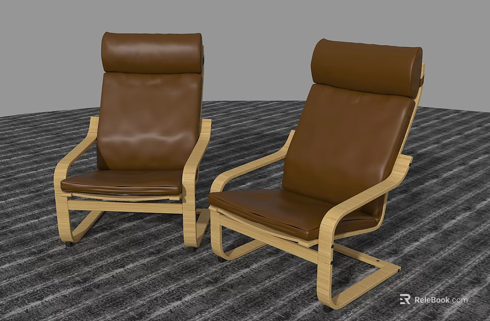 Brown Leather Leisure Chairs With Wooden Frame And High Backrest On Gray Carpet 3d model 