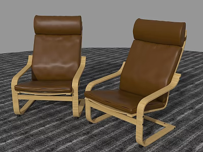 Brown Leather Leisure Chairs With Wooden Frame And High Backrest On Gray Carpet 3d model