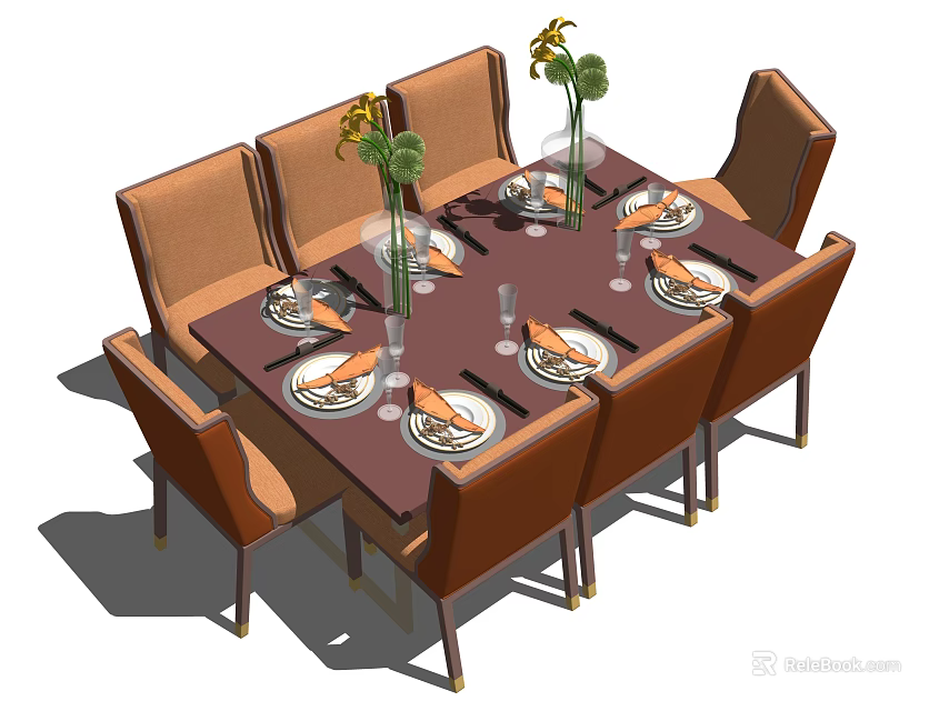 Elegant Brown Dining Table Set With Chairs Tableware And Flower Vases 3d model