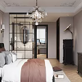 Elegant Bedroom Interior With Crystal Chandelier Paneled Walls Nightstands And Glass Partition