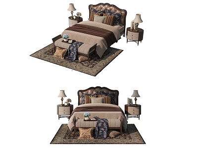 Elegant Double Bed With Upholstered Headboard Pillows Bedside Tables Lamps And Patterned Rug 3d model