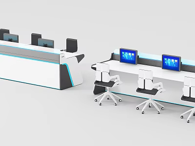 Modern Office Desk Workstations With Multiple Computer Monitors And Ergonomic Chairs 3d model