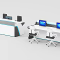 Modern Office Desk Workstations With Multiple Computer Monitors And Ergonomic Chairs 3d model