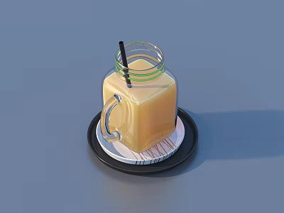 Yellow Beverage in Glass Jar with Black Straw on Black Plate and Coaster 3d model