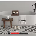 White Freestanding Bathtub With Black Faucet Wooden Stool Towel Tray Geometric Rug And Slippers