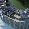 Traditional Modern Commercial Street Architecture With Green Trees And Waterfront Buildings