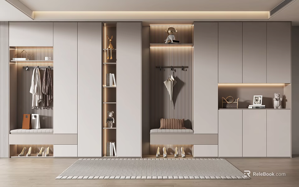 Modern Shoe Cabinet Design With Storage Shelves Bench And Decorative Elements 3d model