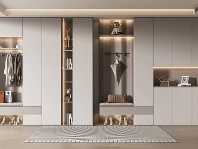 Modern Shoe Cabinet Design With Storage Shelves Bench And Decorative Elements 3d model