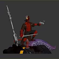 Red Horned Demon Figure Holding Gun With Octopus Tentacles And Traffic Light On Rock Base