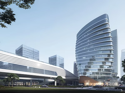 Modern High Rise Office Building With Curved Glass Curtain Wall And Urban Greenery 3d model