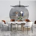 Modern Dining Table Set With Six Brown Backrest White Seat Chairs And Circular Gray Panel 3d model